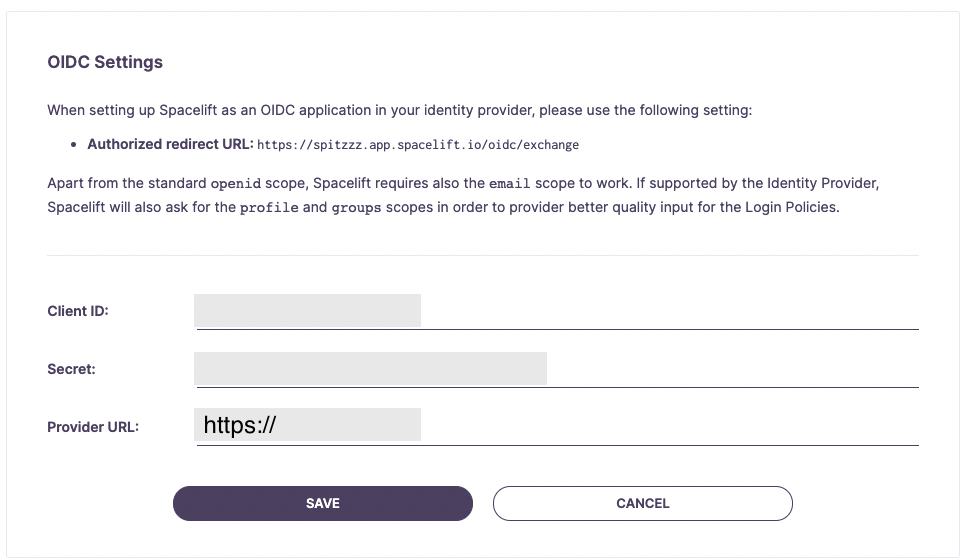 Copy/Paste the values into your Spacelift OIDC Settings