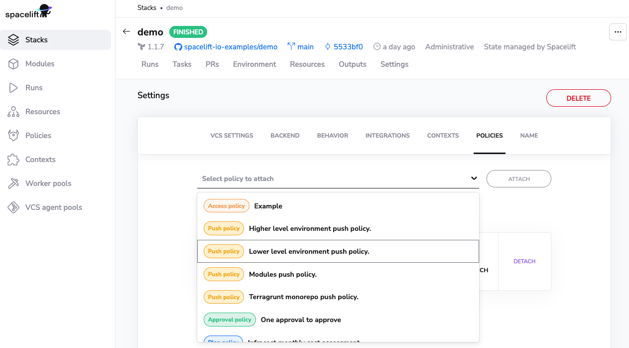 Select a Policy and manually attach it to the Stack.